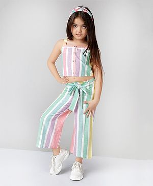 Naughty Ninos Sleeveless Striped  Top With Palazzo - White & Green