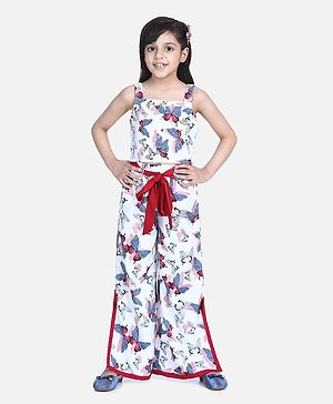 Naughty Ninos Sleeveless Butterfly  Printed Top With Bow Tie Up Palazzo - White