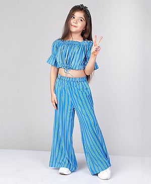 Naughty Ninos Off Shoulder Half  Sleeves Striped Top & Palazzo  - Blue & White