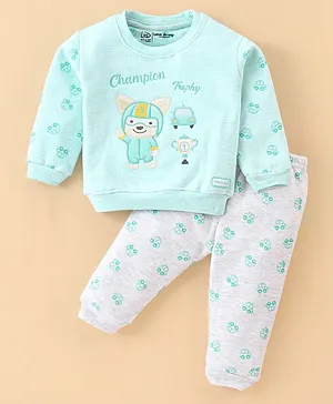 Little Darlings Fleece Cotton Full Sleeves Winterwear Night Suit with Bunny Embroidery - Snow Green