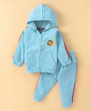 Little Darlings Fleece Full Sleeves Hooded Sweatshirt & Joggers Set With Embroidery - Blue