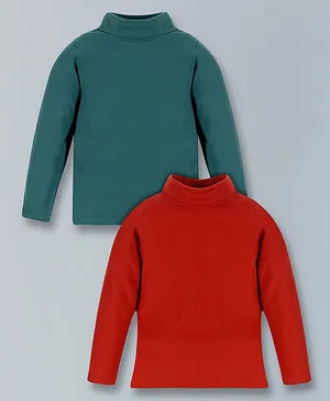 Plum Tree  100% Cotton Pack Of 2 Full Sleeves Turtle Neck Tee - Red &  Green