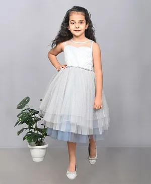 Toy Balloon Sleeveless Sequin Band Embellished & Shimmer Mesh Layered Fit & Flare Dress - Silver