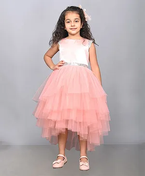 Toy Balloon Cap Sleeves Sequin Embellished High Low Mesh Layered Fit & Flare Dress - Peach
