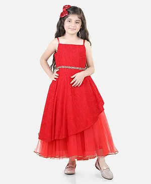 Toy Balloon Sleeveless Shimmer Striped  & Bead Embellished Waistband  Party Wear Gown - Red