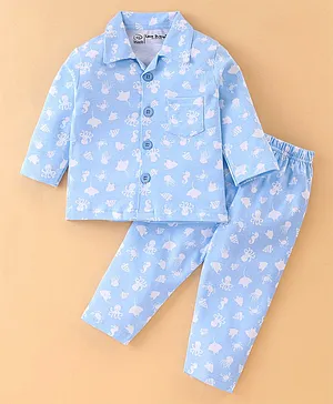 Little Darlings Full Sleeves Night Suit With Sea Life Print - Light Blue