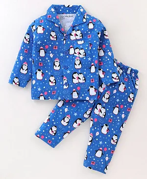 Little Darlings Cotton Full Sleeves Night Suit With Penguin Print - Navy Blue