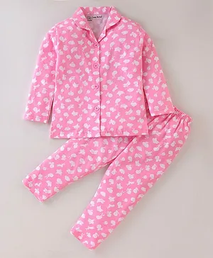 Little Darlings Cotton Knit Full Sleeves Night Suit Bunny Print - Pink