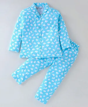 Little Darlings Cotton Knit Full Sleeves Night Suit Bunny Print - Turquoise