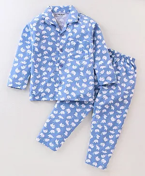 Little Darlings Cotton Full Sleeves Night Suit With Elephant Print - Blue