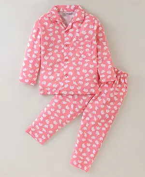 Little Darlings Cotton Full Sleeves Night Suit With Elephant Print - Pink