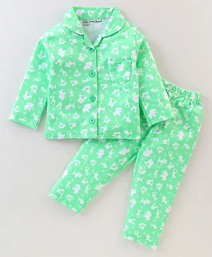 Little Darlings Cotton Full Sleeves Night Suit With Wild Animals Print - Green