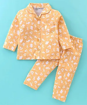 Little Darlings Cotton Full Sleeves Night Suit With Wild Animals Print - Orange
