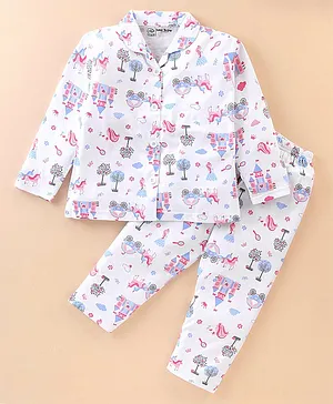 Little Darlings Cotton Full Sleeves Night Suit With Unicorn Print - White