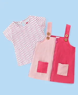 Babyhug Corduroy Color Block Frock & Half Sleeves Inner T-Shirt with Heart Print - Pink