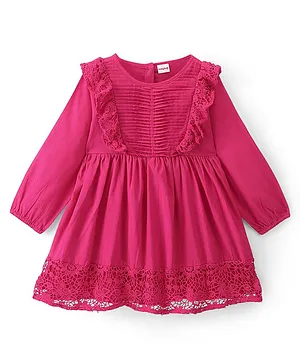 Babyhug 100% Cotton Woven Schiffli Full Sleeves Dress with Lace Detailing - Pink