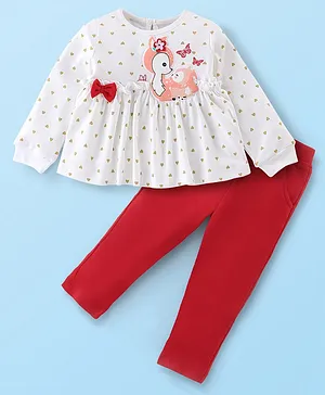 Babyhug 100% Cotton Knit Full Sleeves Top & Lounge Pant With Heart Print & Bow Applique - Red & White