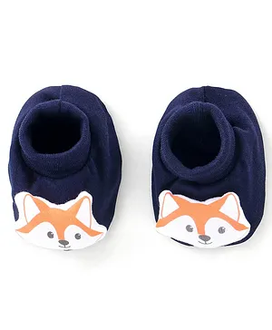 Babyhug 100% Cotton Interlock Booties With Fox Applique - Navy Blue