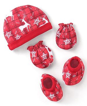 Babyhug 100% Cotton Knit Deer Printed Cap Mittens & Booties - Red