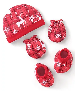 Babyhug 100% Cotton Knit Deer Printed Cap Mittens & Booties - Red