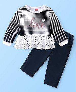 Babyhug 100% Cotton Full Sleeves Top & Leggings With Stripped Text Print - Navy Blue & White