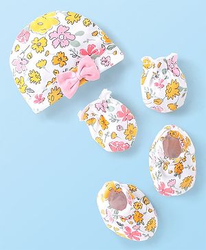 Babyhug 100% Cotton Interlock Knit Cap Mittens And Booties Floral Print - White Yellow & Pink