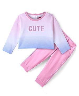 Babyhug 100% Cotton Knit Full Sleeves T-Shirt & Lounge Pants With Text Print - Pink & Blue