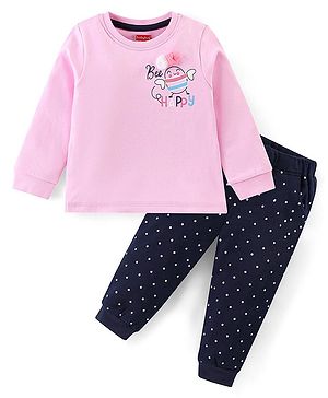 Babyhug 100% Cotton Knit Full Sleeves Top & Lounge Pants With Text Print & Applique - White & Pink