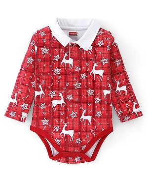 Babyhug 100% Cotton Interlock Knit Full Sleeves Onesies Deer Print - Red