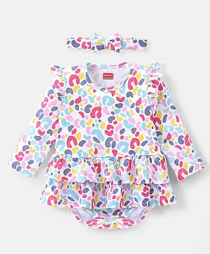 Babyhug 100% Cotton Knit Full Sleeves Frock Style Onesie with Headband Colour Drops Print - Multicolour
