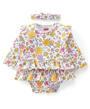 Babyhug  100% Cotton Knit Full Sleeves Floral Printed Onesie with Hairband - Multicolour