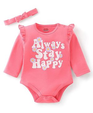 Babyhug 100% Cotton Full Sleeves Onesie with Head Band Text Print - Pink