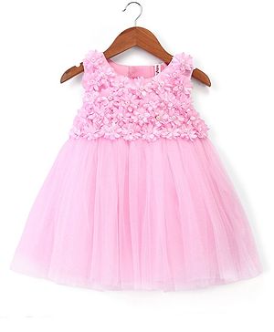 Babyhug Woven Sleeveless Yoke Party Dress with Floral Corsage - Pink