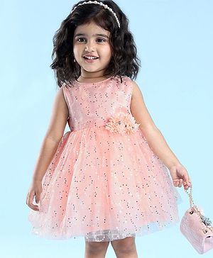 Babyhug Sleeveless Party Frock with Foil Print & Sequin Detailing with Floral Applique - Peach
