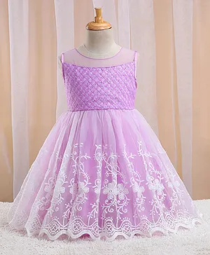 Babyhug Sleeveless Textured & Floral Embroidered Party Frock - Lavender
