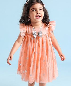 Babyhug Sleeveless Party Frock Foil Star Print & Sequine Detailing - Coral
