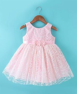Babyhug Sleeveless Corsage Detailing Glittery Party Frock - Peach