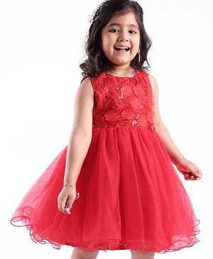 Babyhug Sleeveless Mesh Frock with Sequin Detailing - Red