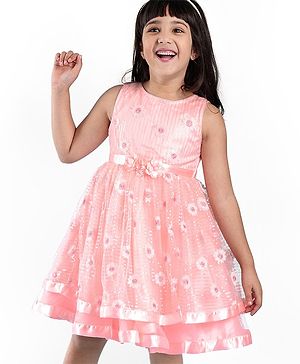 Babyhug Sleeveless Sequinned Party Frock with Floral Corsage - Peach