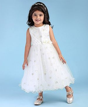 Babyhug Woven Sleeveless Party Frock Sequinned With Floral Applique - White