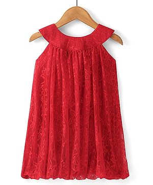 Babyhug Woven Sleeveless Party Frock with Lace Detailing - Red