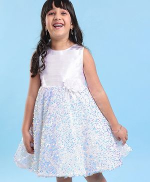 Babyhug Sleeveless Sequinned Fur Flare Party Frock with Floral Applique -White