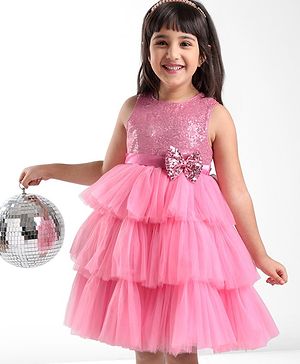Babyhug Sleeveless Layered Party Frock With Sequin Embroidery & Bow Applique- Dusty Pink