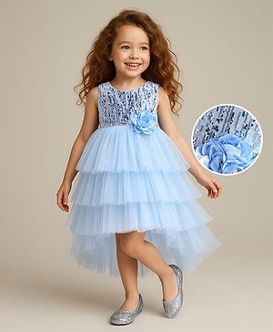 Babyhug Woven Sleeveless Sequinned Party Frock with Floral Applique -Powder Blue
