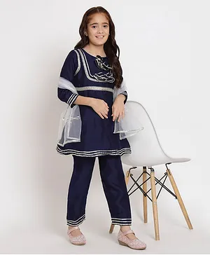 Readiprint Fashions  Third Fourth Sleeves Lace Embellished Kurta & Salwar With Dupatta - Navy Blue