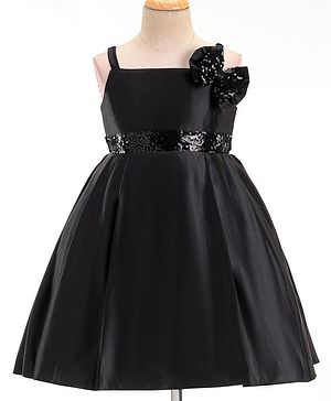 Babyhug Sleeveless Satin Party Frock with Sequinned Bow -Black