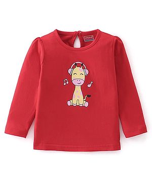 Babyhug Cotton Knit Full Sleeves T-Shirt with Giraffe Graphic Print - Red