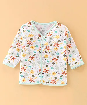 OHMS Cotton Jersey Full Sleeves Floral Printed Vest - Mint & White