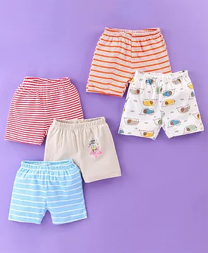 OHMS Cotton Jersey Above Knee Length Shorts Striped & Elephant Print Pack of 5 - Multicolor