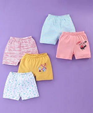 OHMS Cotton Jersey Above Knee Length Shorts Striped & Heart Print Pack of 5 - Multicolor